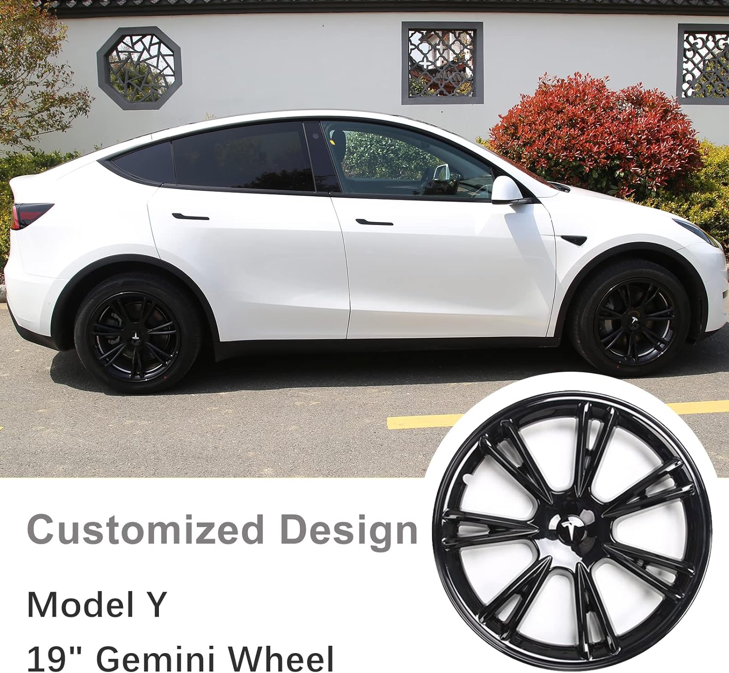 19-Inch Gemini Wheel Covers for Tesla Model Y Rims | Replacement Hub Caps (Set of 4, Gloss Black)